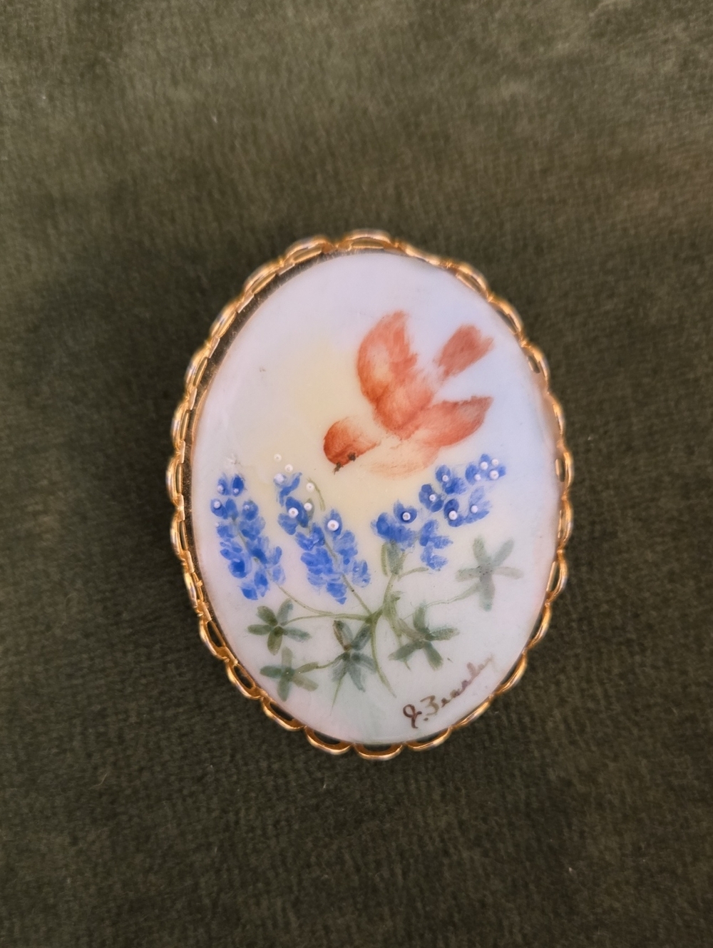 Vintage Porcelain Brooch with Blue Floral Sprigs and Orange Bird
